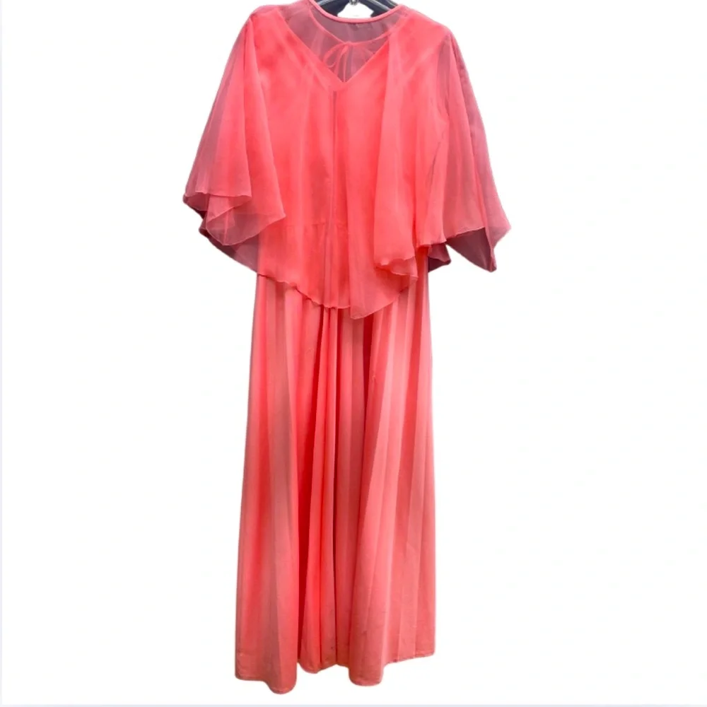 Vintage 1960s Orange V-Neck Sleeveless Pleated Dress With Sheer Tie Cape Sz M - Picture 1 of 8